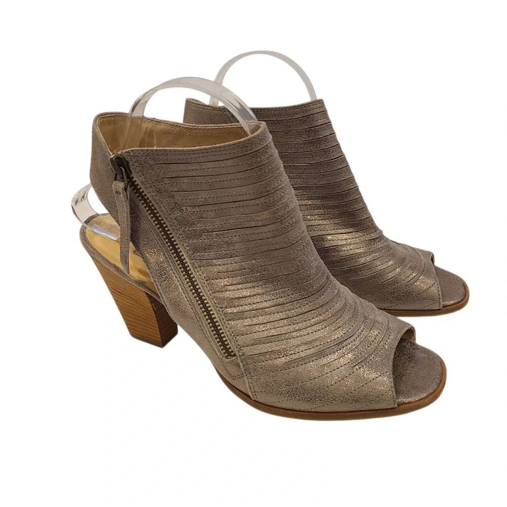 Paul Green Metallic Taupe Peep Toe Booties UK 6.5 US 9 Leather Chunky‎ Heel